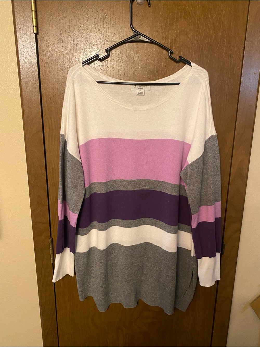 Liz Claiborne Scoop Neck Striped Sweater in White, Pink, Purple & Gray